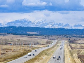 A view of traffic on the Trans-Canada Highway west of Calgary on Friday, May 15, 2020.