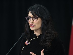 Minister of Culture, Multiculturalism and Status of Women Leela Sharon Aheer speaks during a press conference in Edmonton on Wednesday, April 22, 2020.
