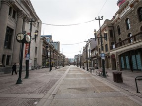 A deserted Stephen Avenue in Calgary on May 7, 2020, during the COVID-19 pandemic.