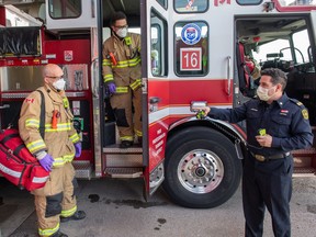 Fire crew members from the B platoon, stationed at Highfield Fire Station #16 in Calgary, during the COVID-19 pandemic.