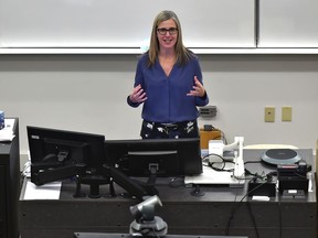 University of Alberta chairwoman of occupational therapy Dr. Mary Forhan held an online presentation in a hall with empty seats to occupational therapists about impacts COVID-19 is having on people ion Wednesday, May 13, 2020.