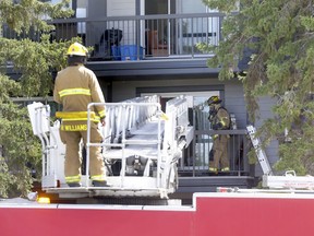 Calgary fire put out a condo fire at Westwinds Village at 53str. and 26ave. S.W. as the homeowner jumped from his second floor suite and was taken to hospital in Calgary on Monday, May 18, 2020.