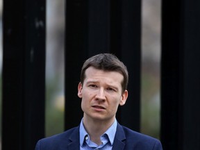 Ward 11 councillor Jeromy Farkas talks with media in Calgary on Thursday, May 7, 2020. Farkas is asking for changes to the CTrain Green Line project given the COVID-19 economic challenges facing the city.