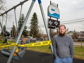 Renfrew Community Association VP external David Barrett was photographed at the association's community playground on Thursday, May 7, 2020. Community Associations in Calgary are facing potential ruin because all their revenue sources are gone because of COVID-19. Gavin Young/Postmedia