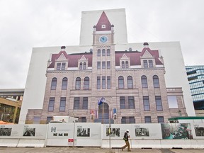 The construction wrapping on Calgary’s Historic City Hall is scheduled to be removed this June after a thee year restoration. The building was photographed on Wednesday, May 20, 2020.