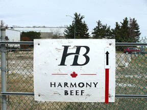 The main entrance to the Harmony Beef facility near Balzac, Ab, north of Calgary is shown on Wednesday, May 6, 2020.