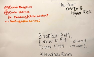 A portion of the white board behind the main desk is shonw at the assisted self isolation hotel in Calgary on Thursday, May 7, 2020. Each board shows a layout of the floor with patient names and status. Postmedia has agreed not to reveal the exact location of the hotel or client names. Jim Wells/Postmedia