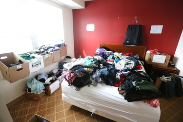 A clothing donation storage room is shown at the assisted self isolation hotel in Calgary on Thursday, May 7, 2020. Postmedia has agreed not to reveal the exact location of the hotel. Jim Wells/Postmedia
