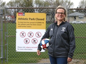 Susan Cress, executive director of Calgary Minor Soccer Association, poses at Renfrew Athletic Park on Wednesday, May 20, 2020.