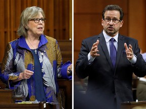 Green Party leader Elizabeth May (L) and Bloc Quebecois leader Yves-Francois Blanchet (R).