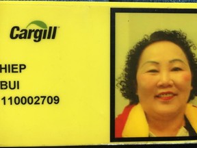 The employee identification card of Cargill worker Thi Hiep Bui, who died on Sunday, April 19 from COVID-19 after working at the plant for 24 years. Her distraught husband, Nga Nguyen spoke to reporters through a Vietnamese interpreter Monday afternoon.