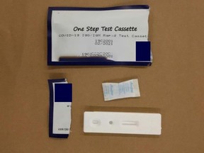 An unauthorized COVID-19 test seized in Richmond, B.C., is shown in this undated handout photo. Health Canada and the RCMP have seized more than 1,500 unauthorized COVID-19 test kits from a B.C. resident. Mounties say they were acting on a tip from the Canadian Anti-Fraud Centre that the test kits were being sold online by a Richmond, B.C. resident to unsuspecting B.C. citizens.