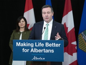 Premier Jason Kenney and Alberta’s Minister of Education Adriana LaGrange during a news conference from Edmonton on Thursday, May 28, 2020, about Bill 15, the Choice in Education Act.