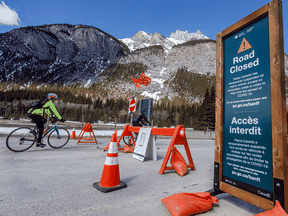 A road to Lake Minnewanka is closed to vehicles in Banff National Park in April. About 90 per cent of Banff's economy is based on tourism.