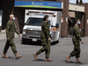 Members of the Canadian Armed Forces in front of Pickering's Orchard Villa long-term care home on May 6, 2020.