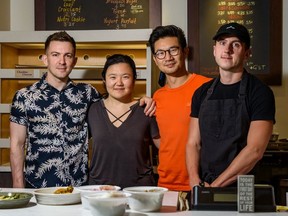 From left: Andrew Dunphy, beverage co-ordinator at Dash and Dine Pop Up; Eliza Chung ,co-owner and pastry chef at You & I Cafe; Kyo-Jean Simon Chung, owner; and Alec Fraser, head chef at Dash & Dine Pop Up. Azin Ghaffari/Postmedia