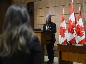 NDP leader Jagmeet Singh holds a press conference on Parliament Hill amid the COVID-19 pandemic in Ottawa on Monday, June 15, 2020.