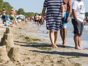 FILE - Visitors to Sandbanks Provincial park in Prince Edward County pass by a sandcastle near the shoreline.