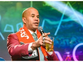 CFL alumni Jon Cornish speaks at the Tim Hortons Kick-Off Party at The Big Four on Wednesday, November 20, 2019. Azin Ghaffari/Postmedia Calgary