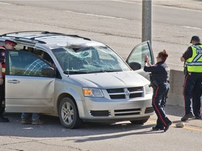 A rock rests on Deerfoot Trail after a passenger in a minivan was seriously injured when a large rock hit the vehicle on Wednesday, June 3, 2020.