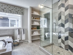 The master ensuite in the Fairmont show home by Trico Homes in Rivercrest, Cochrane.