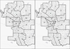 The city’s proposed ward boundaries changes are seen on the left. On the right are the current ward boundaries.