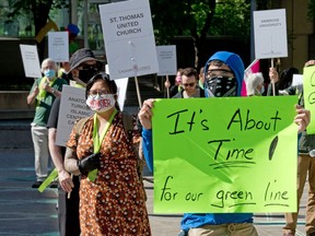 CTrain Green Line supporters rallied outside Calgary City Hall on Monday, June 1, 2020.