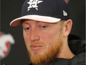 Calgary Stampeders Quarterback Bo Levi Mitchell speaks to media after the team lost the West Division Semi-Final game against the Winnipeg Blue BombersMonday, November 11, 2019. Dean Pilling/Postmedia