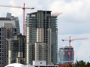 Several construction cranes are seen along the Calgary skyline. Monday, June 29, 2020.