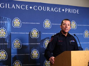 Calgary Police Chief Mark Neufeld speaks at police headquarters in northeast Calgary on Wednesday, June 10, 2020.