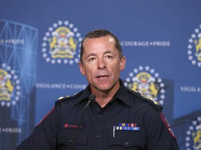 Calgary Police Chief Mark Neufeld speaks at police headquarters in northeast Calgary on Wednesday, June 10, 2020.