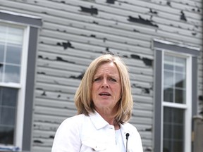 Alberta NDP opposition leader Rachel Notley speaks to media in Calgary on Tuesday, June 16, 2020 and tours part of northeast Calgary affected by severe weather on the weekend.