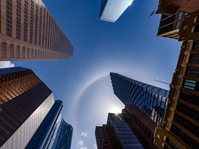 A view of Calgary's skyscrapers on June 5, 2020. Total compensation for executives at Calgary's largest 100 companies declined by a median 9.5 per cent last year.