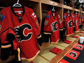 An inside look at the Calgary Flames dressing room at Scotiabank Saddledome in 2011.