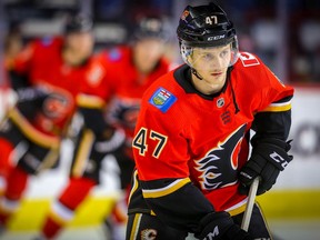 Calgary Flames Matthew Phillips during the pre-game skate before facing the San Jose Sharks in NHL pre-season hockey at the Scotiabank Saddledome in Calgary on Tuesday, September 25, 2018. Al Charest/Postmedia