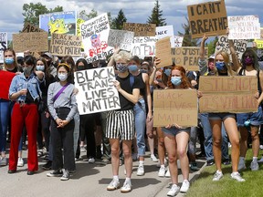 Nearly 150 BLM protestors rallied out front of Global Calgary in Calgary on Monday, June 8, 2020.