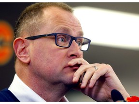 Flames General Manager, Brad Treliving speaks to media on the stoppage of the NHL and the death of Ken King at the Scotiabank Saddledome in Calgary on Thursday, March 12, 2020. Darren Makowichuk/Postmedia