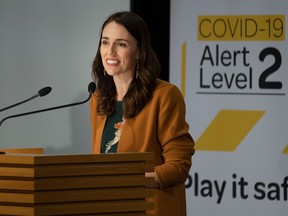 New Zealand's Prime Minister Jacinda Ardern takes part in a press conference about the COVID-19 coronavirus at Parliament in Wellington on June 8, 2020.