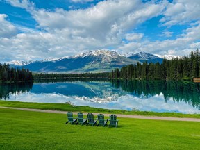 An image of Lac Beauvert in Jasper National Park in Alberta, Canada.