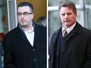 Bryan Morton, left, and Brad McNish walk out of the Calgary Courts Center in this composite photo during their trial on Feb. 5, 2018.