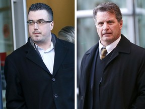 Bryan Morton, left, and Brad McNish walk out of the Calgary Courts Center in this composite photo during their trial on Feb. 5, 2018.