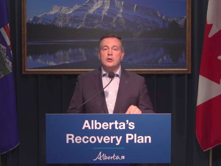  Premier Jason Kenney outlines the province’s recovery plan in Calgary on Monday.