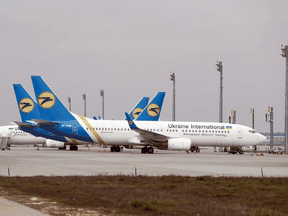 Planes of the Ukrainian International airlines at the Kyiv Boryspil International Airport in Ukraine.