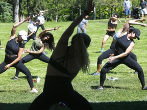 Instructor Jenn Varzari from Barre Belle Calgary held a charity class for two organizations connected to the Black Lives Matter movement, the Black Women in Motion out of Toronto and The Calgary Immigrant Women’s Association with hopes to have classes every Saturday called Barre in the Park at Riley Park in Calgary on Saturday, June 20, 2020.