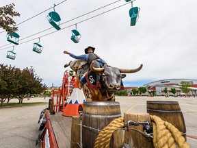 A Calgary Stampede float, which will be used in the upcoming Stampede drive-thru, sits at an empty Stampede Park on Thursday, July 2, 2020.