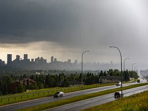 Calgary's skyline as seen from Nose Hill Park moments before it was taken over by stormy clouds on Thursday, July 23, 2020.