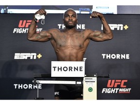 LAS VEGAS, NEVADA - JULY 31: In this handout image provided by UFC, Derek Brunson poses on the scale during the UFC Fight Night weigh-in at UFC APEX on July 31, 2020 in Las Vegas, Nevada.