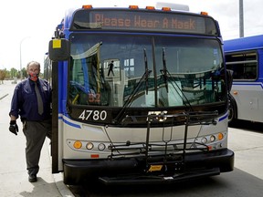 Edmonton Transit Service bus driver Darren Demaere outside his bus at Southgate Transit Centre in Edmonton on July 2, 2020. The City of Edmonton is not mandating masks on public transit.