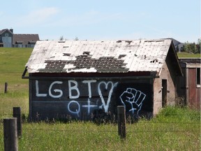 A barn near the entrance of Airdrie was vandalized with anti-LGBTQ+ graffiti, but has since replaced by a positive message. The property is located on Range Road 294 between Balzac and Airdrie on the side of Highway 2.