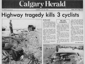 Three teenaged bicyclists were killed after a driver veered off the Trans-Canada Highway west of Calgary, smashing into their tour group on July 29, 1985. The horrific accident sent shock waves through the province of Alberta.